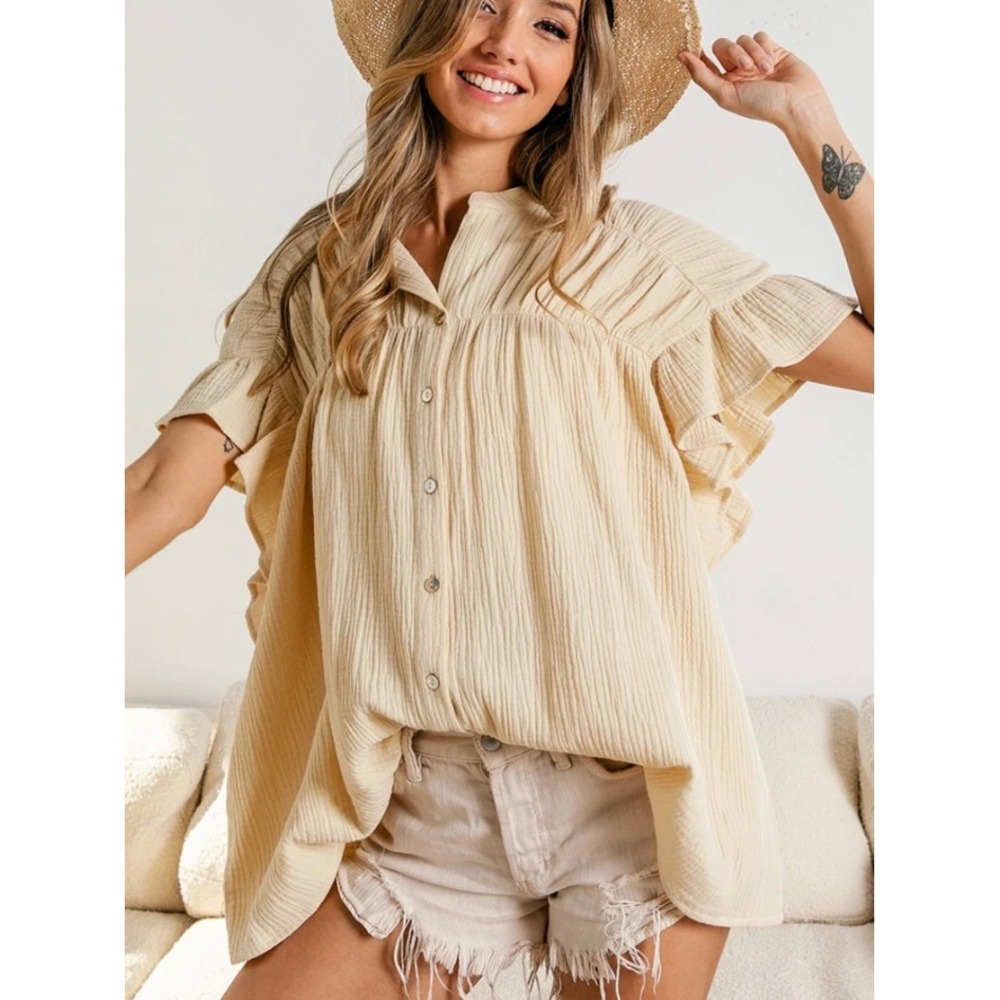 BiBi‎ Women's Cream Cotton Gauze Pintuck Ruffle Sleeve Button Down Blouse Size S
